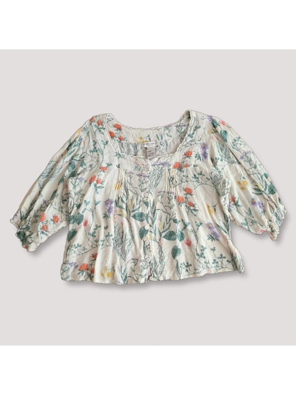Vintage Laura Ashley Lace Floral Rayon Cropped Babydoll Blouse Top (Size L)